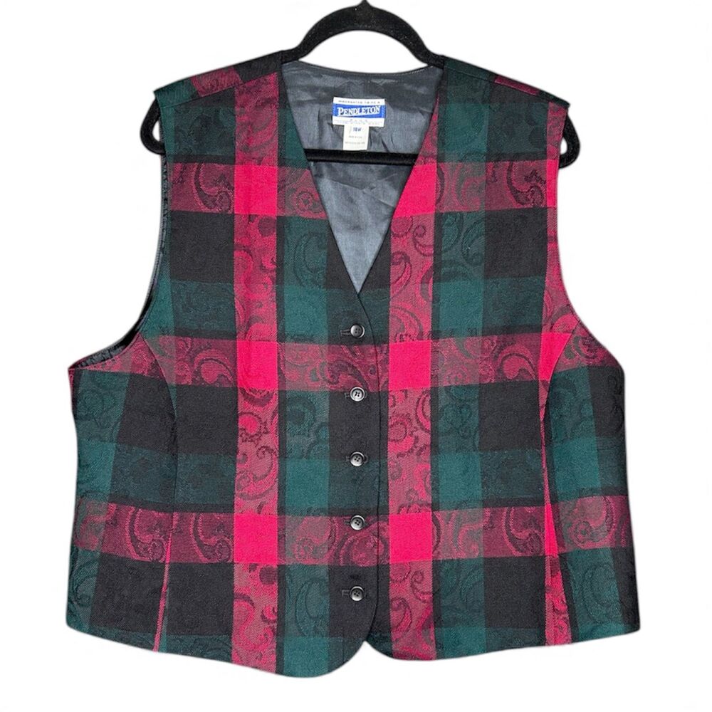 Pendleton Womens Vintage Plaid Vest Sz 18W 100% Wool Holiday Paisley 90s Festive